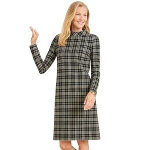 Talbots Windowpane Plaid Fleece Long Sleeve Mock Neck Dress Black Cream  Size M